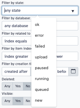 Screenshot of Galaxy's History Panel advanced search state filter datalist of states.